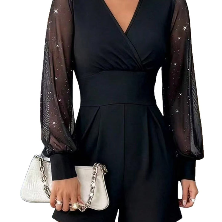 Damen eleganter Jumpsuit mit transparenten Puffärmeln und V-Ausschnitt Drune
