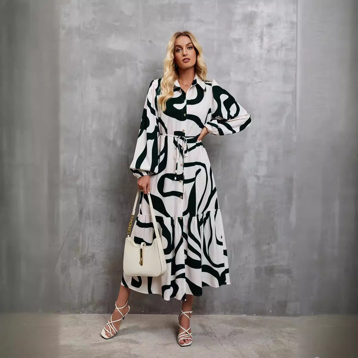 Damen Langarm Kleid mit raffiniertem Grafikdesign und elegantem Taillengürtel Drune