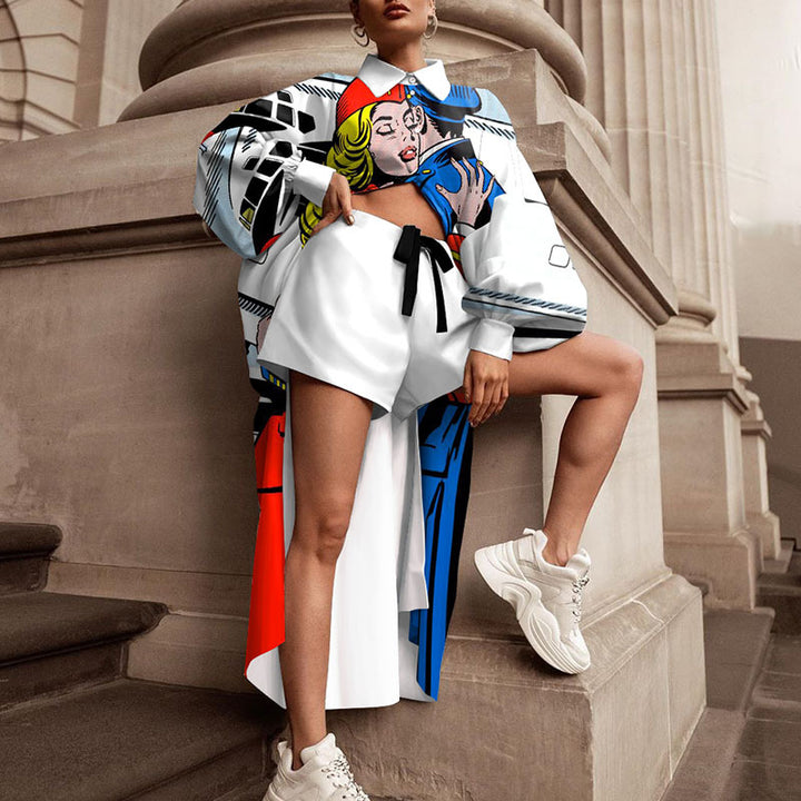 Damen Oversized Hemd mit grafischem Print und kurzer Hosenkombination Drune