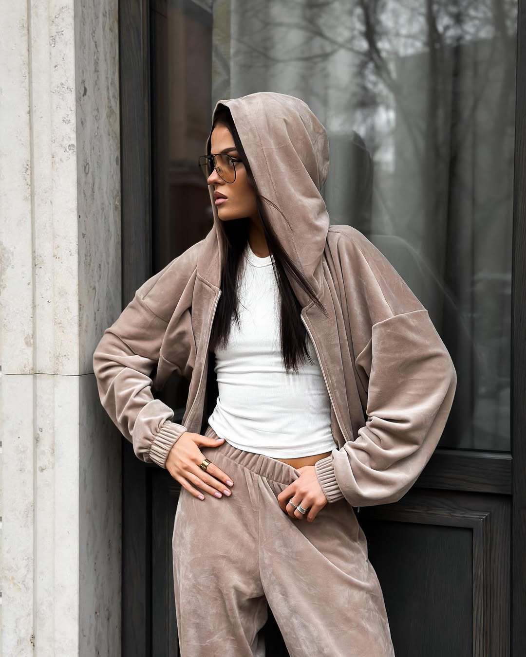 Damen Sportlicher Fleece-Jogginganzug mit hohem Kragen und weiten Ärmeln Drune