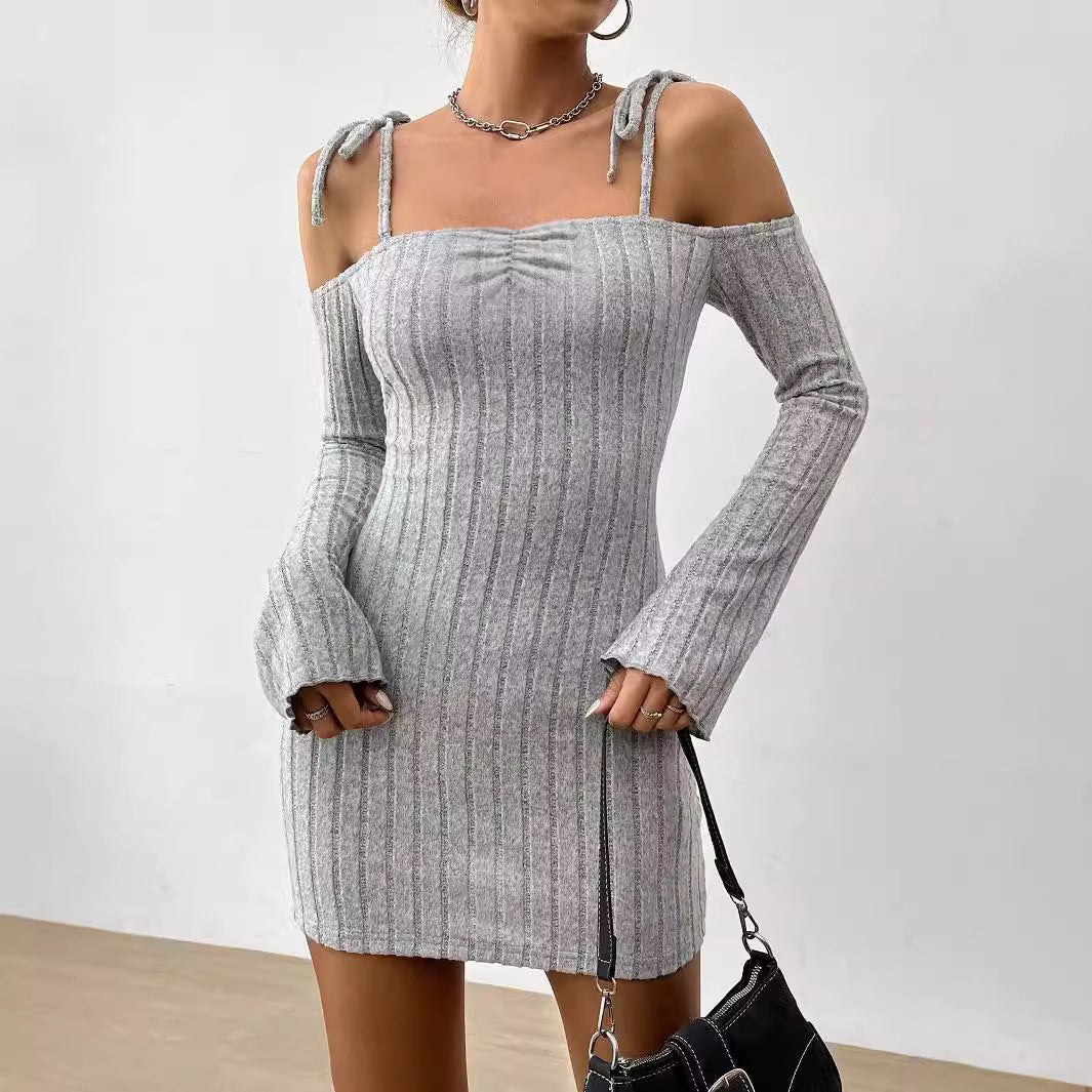 Damen Minikleid mit schulterfreiem Design und modischem Rippstrick Drune