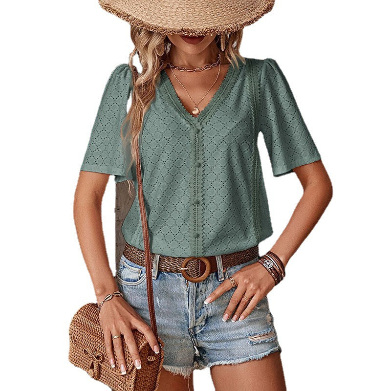 Damen Bluse mit dekorativem Lochmuster und elegantem V-Ausschnitt Drune