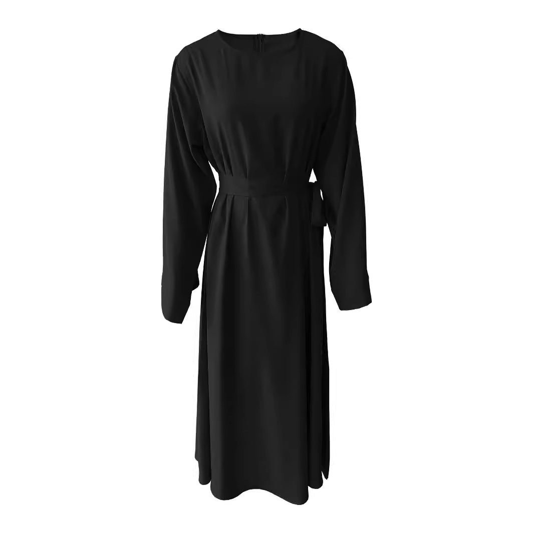 Damen Midi-Kleid mit elegantem Taillengürtel und langen Ärmeln Drune