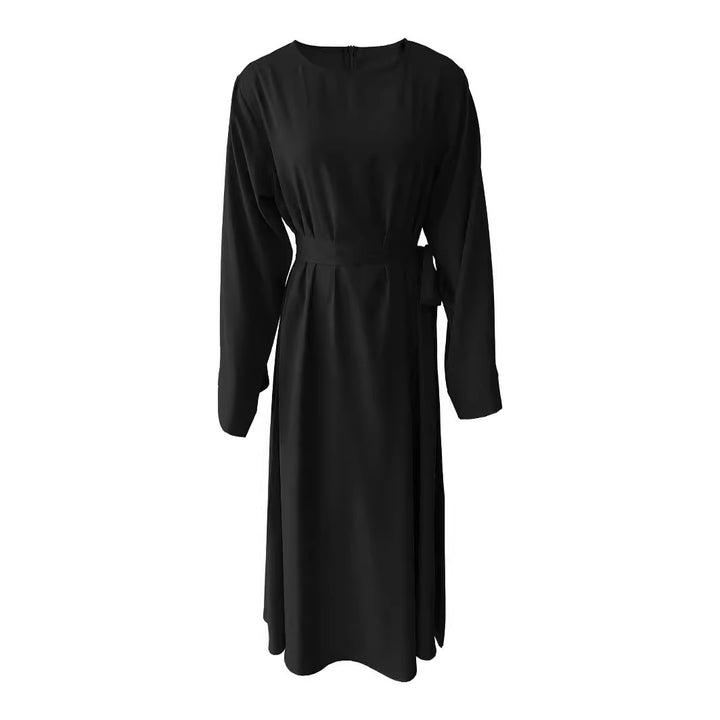 Damen Midi-Kleid mit elegantem Taillengürtel und langen Ärmeln Drune