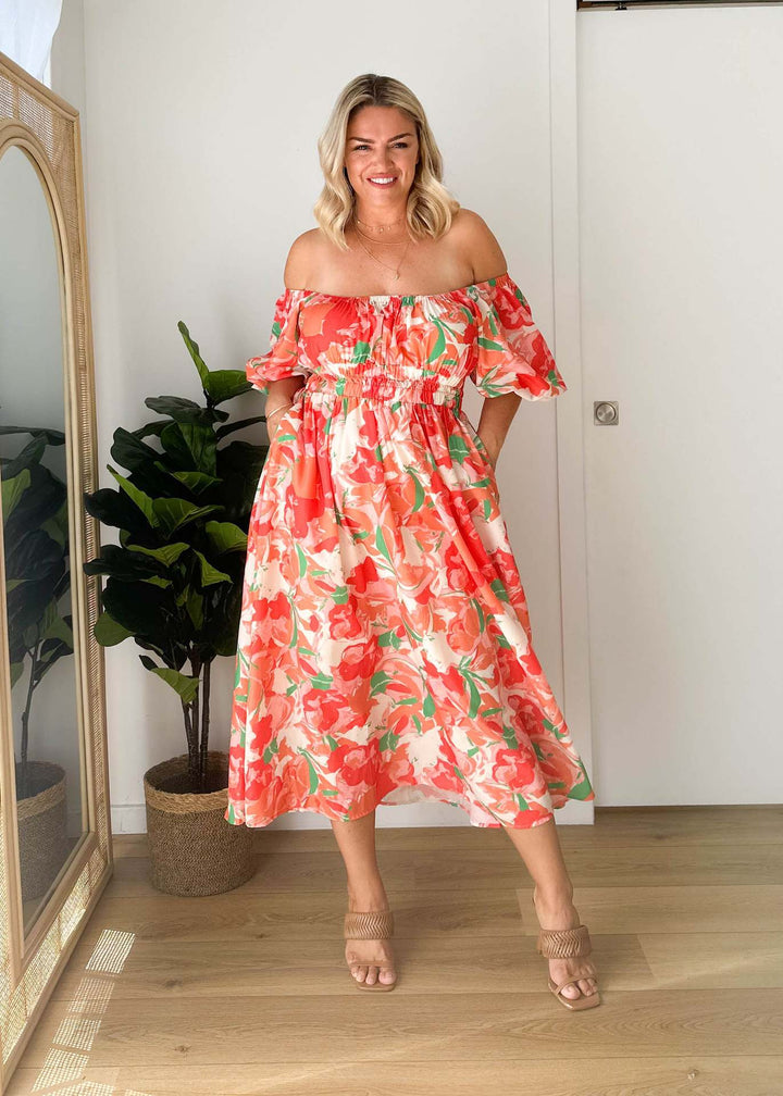Damen Off-Shoulder Maxikleid mit floralen Mustern und elastischem Bund Drune