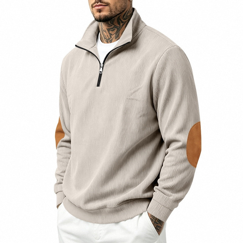 Herren nan Halbzip-Sweatshirt mit Stehkragen, feiner Waffelstruktur und Lederoptik-Ellenbogenpatchs Drune