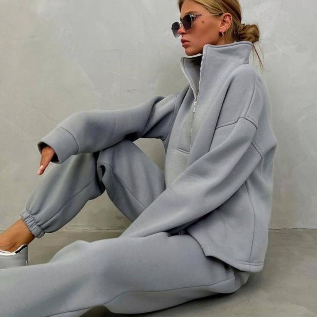 Damen nan weiches Oversize-Halbzip-Loungewear-Set mit hohem Stehkragen und taillierter Jogginghose Drune