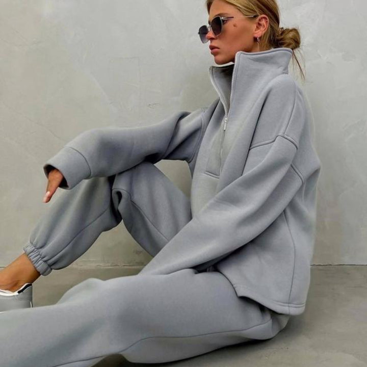 Damen nan weiches Oversize-Halbzip-Loungewear-Set mit hohem Stehkragen und taillierter Jogginghose Drune