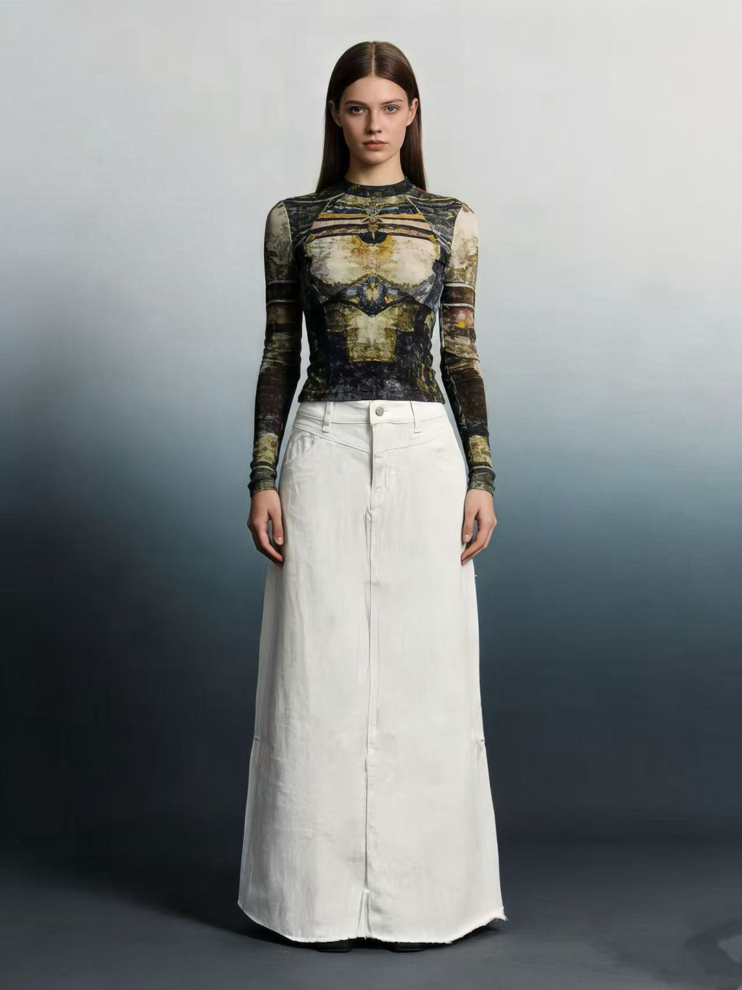 Damen nan langer High-Waist Denim-Maxirock mit gerader Silhouette und rohem Saum Drune