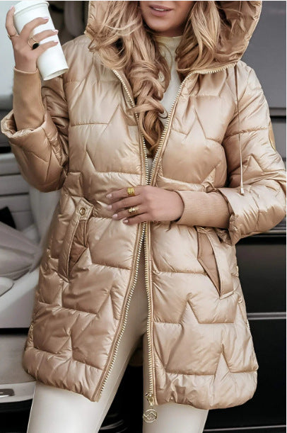 Femme Isolierter Langarm-Puffermantel mit Verstellbarer Kapuze und Metallic-Finish Drune