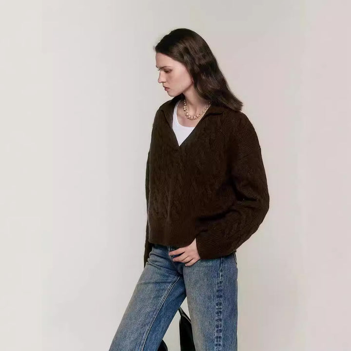 Damen Strickpullover mit V-Ausschnitt und Kabelmuster Drune