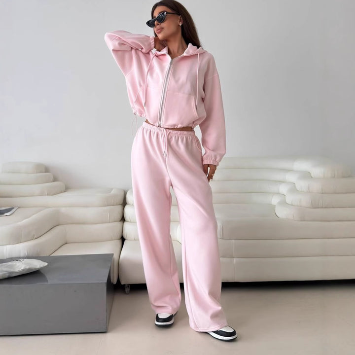Damen modischer Hoodie mit kurzem Schnitt und passenden Jogginghosen Drune