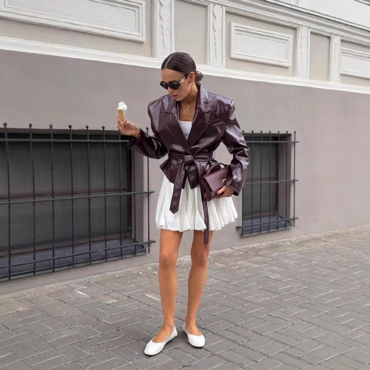 Damen Kunstlederblazer mit taillierbarem Gürtel Drune
