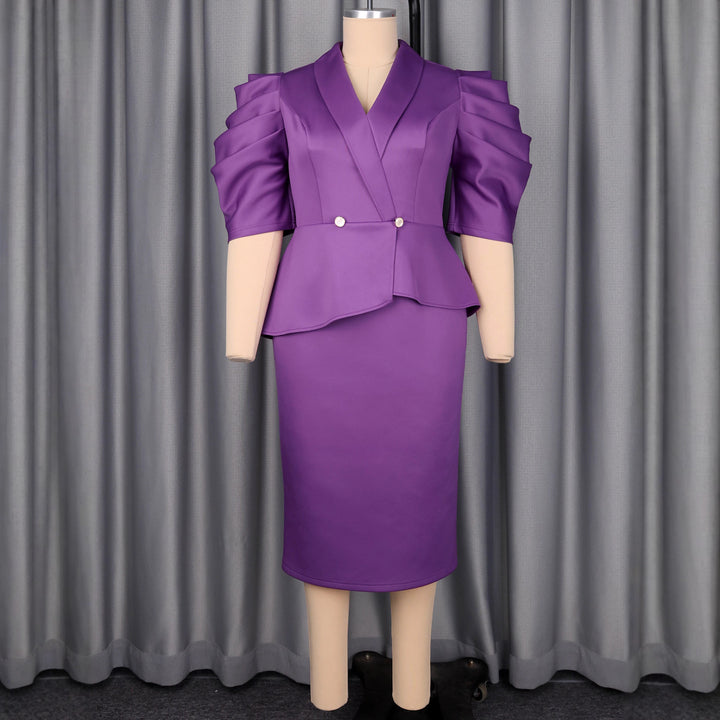 Damen Elegantes Business-Kleid mit stilvollem Wickel-Design und Puffärmeln Drune