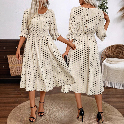 Damen Midikleid mit dekorativen Puffärmeln und elastischem Taillenbund Drune