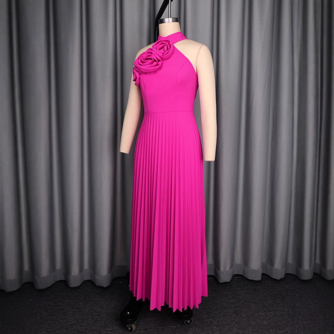 Damen Elegantes Plissiertes Maxikleid mit dekorativen Rosen Drune