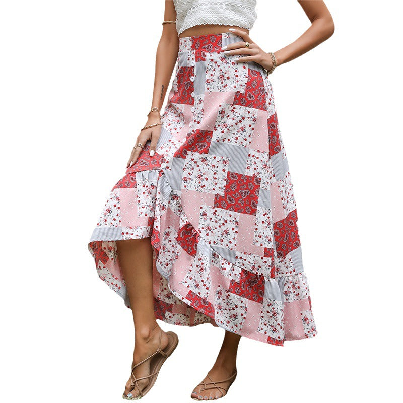 Damen Maxi-Rock mit verspieltem Patchwork-Design und Knopfdetails Drune