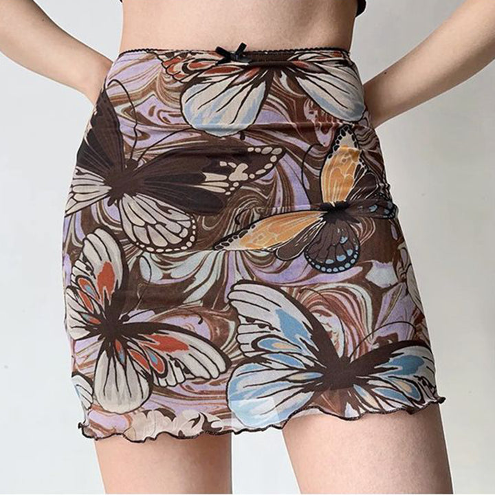 Damen Minirock mit floralem Schmetterlingsmuster und elastischem Bund Drune