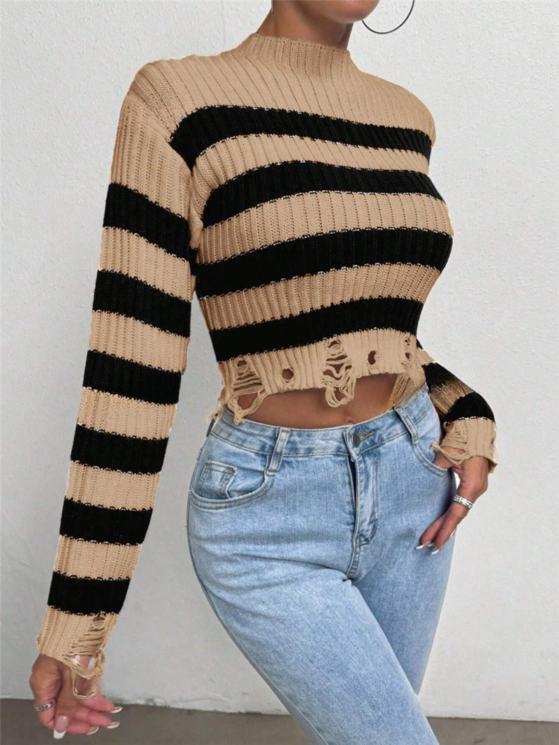 Damen Cropped Pullover mit stylischen Streifen und distressed Details Drune