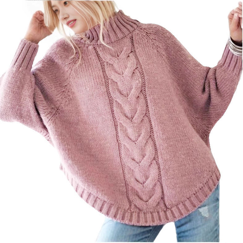 Damen Grobstrick Pullover mit hohem Kragen und dekorativem Zopfmuster Drune