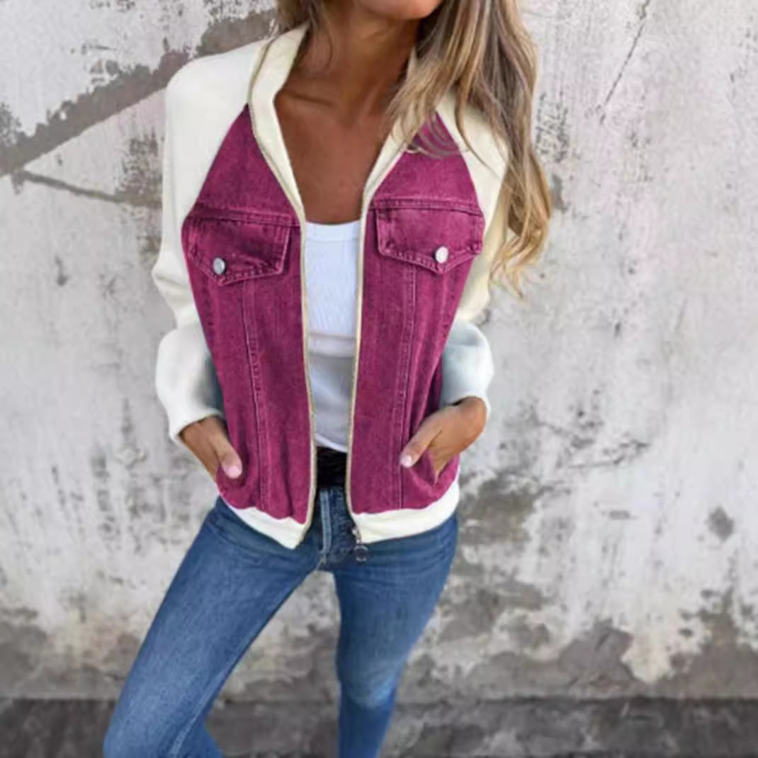 Damen Denim-Jacke mit kontrastfarbenen Ärmeln und praktischen Taschen Drune