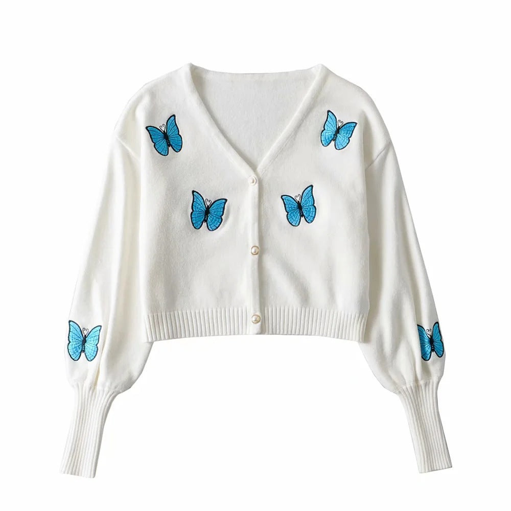 Damen Kurze Strickjacke mit floralem Stickdesign Drune