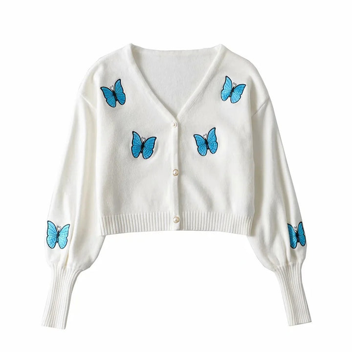 Damen Kurze Strickjacke mit floralem Stickdesign Drune