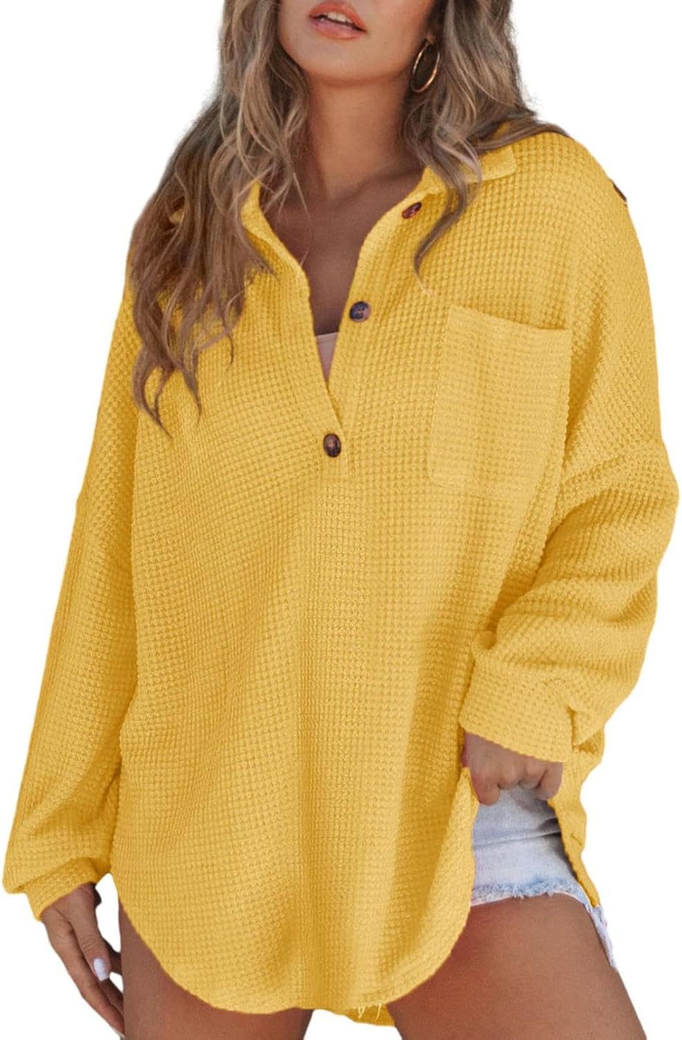 Damen lässiges Waffelstrickoberteil mit Knopfleiste Drune