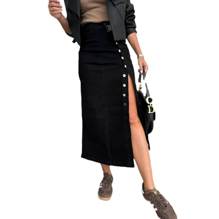 Damen Langer Jeansrock mit seitlichem Schlitz und Knopfdetails Drune