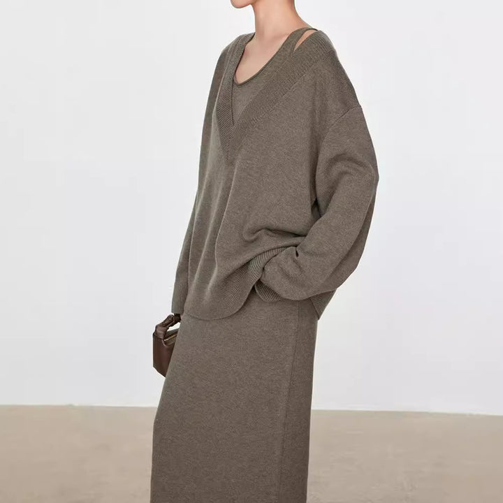 Damen Grobstrickpullover mit V-Ausschnitt und übergroßem Schnitt Drune