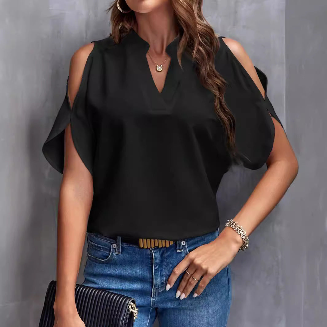 Damen Elegante Bluse mit offenen Schultern und Stehkragen Drune