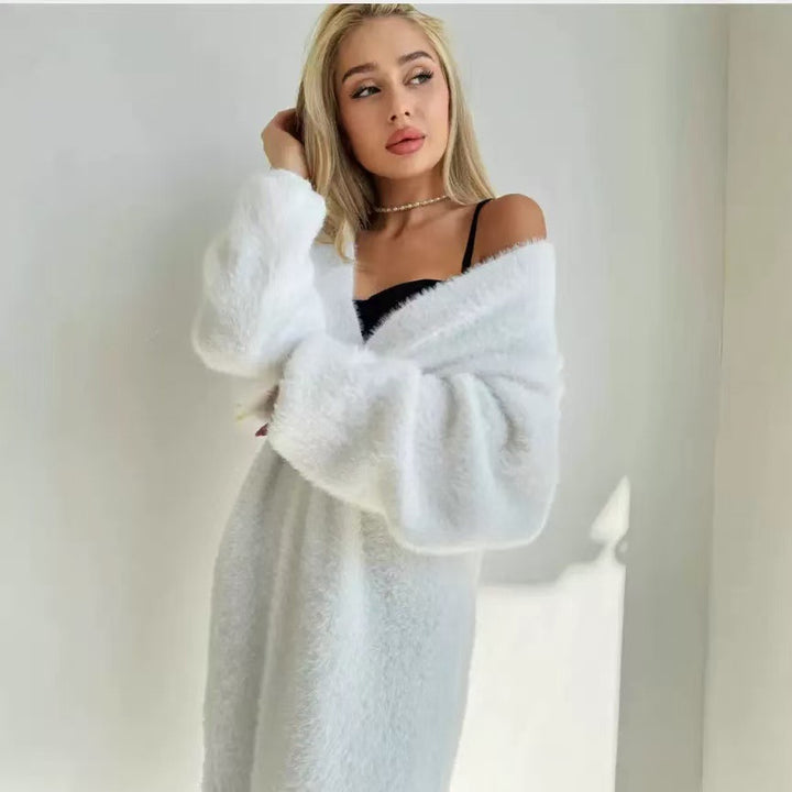 Damen Langer Flauschiger Cardigan mit offenem Schnitt und überschnittenen Ärmeln Drune