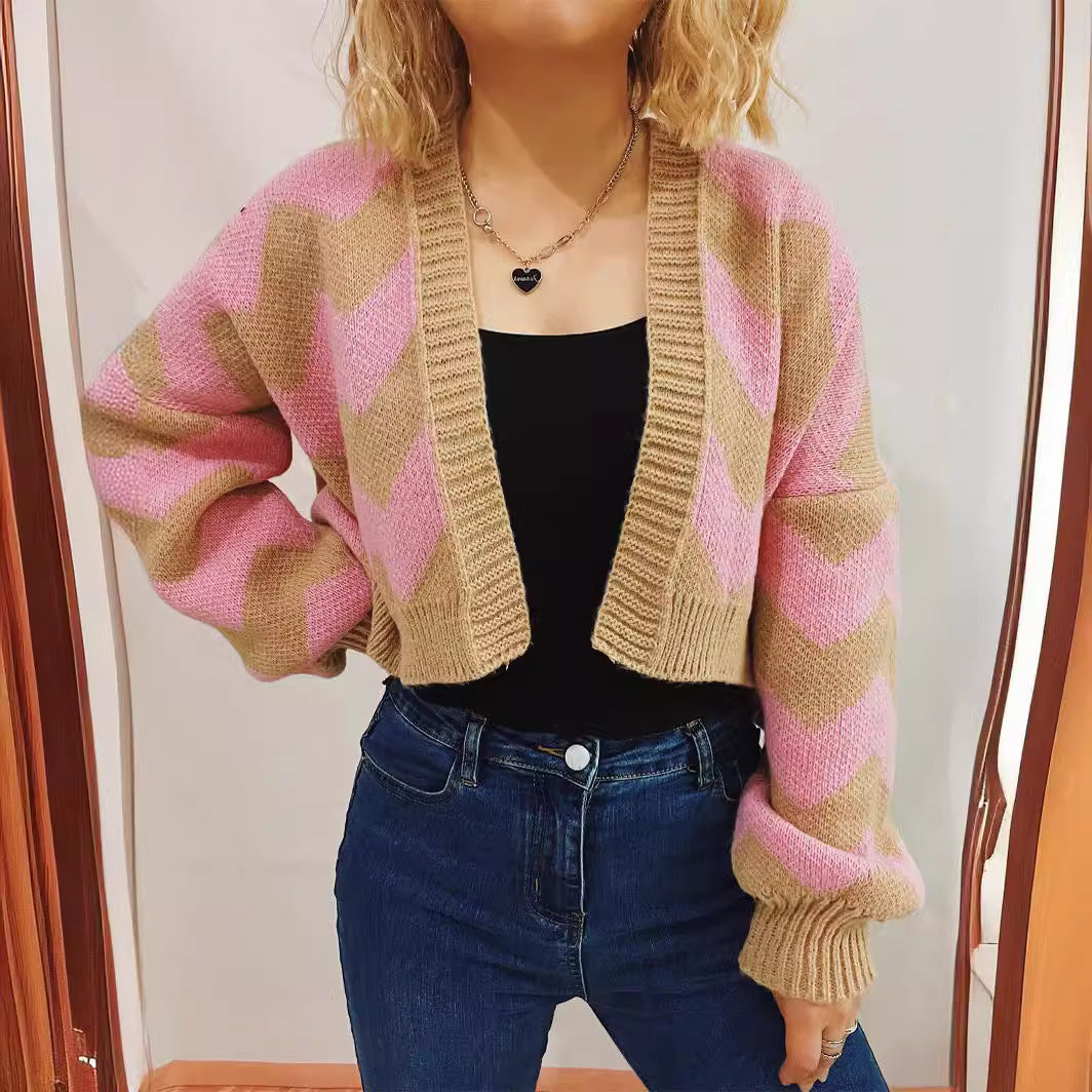 Damen modische Strickjacke mit Chevron-Muster und breiten Ärmeln Drune