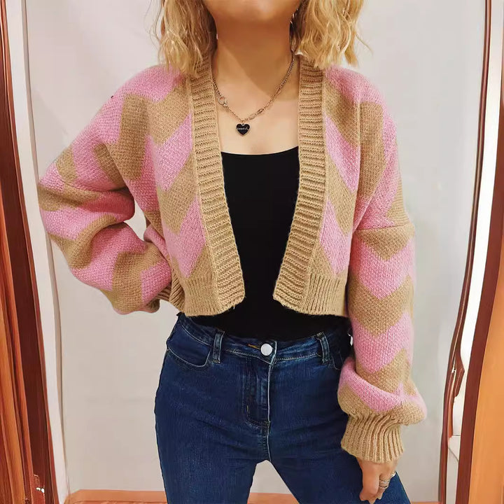Damen modische Strickjacke mit Chevron-Muster und breiten Ärmeln Drune