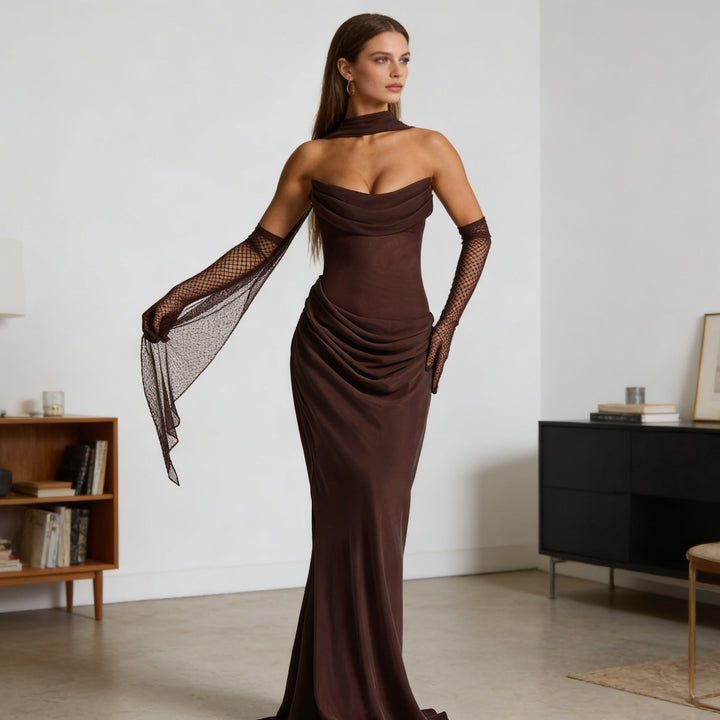 Damen Elegantes schulterfreies Maxikleid mit verführerischem Rüschendetail Drune
