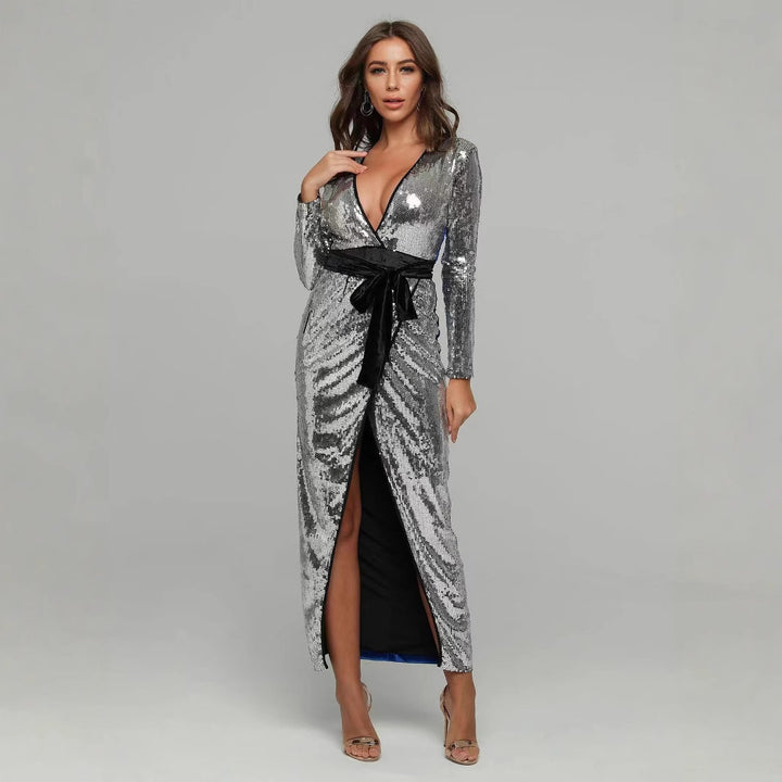 Damen Glitzerndes Abendkleid mit schickem tiefem V-Ausschnitt und eleganter Schärpe Drune