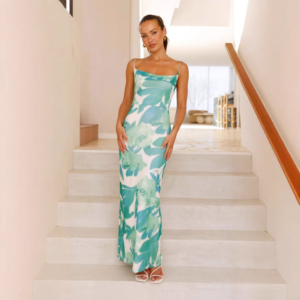 Damen ärmelloses Maxikleid mit floralem Print und elastischer Korsett-Taille Drune