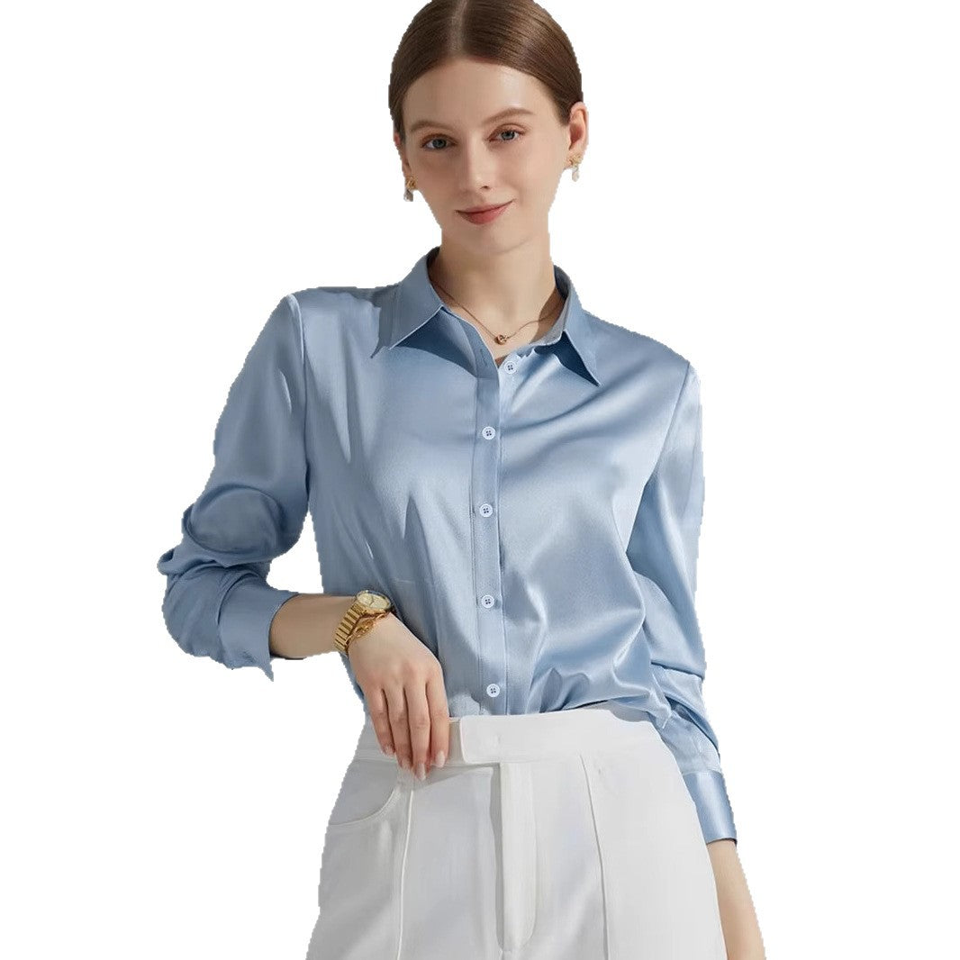 Damen Luxus Satin-Bluse mit elegantem Kragen und weichen Ärmeln Drune