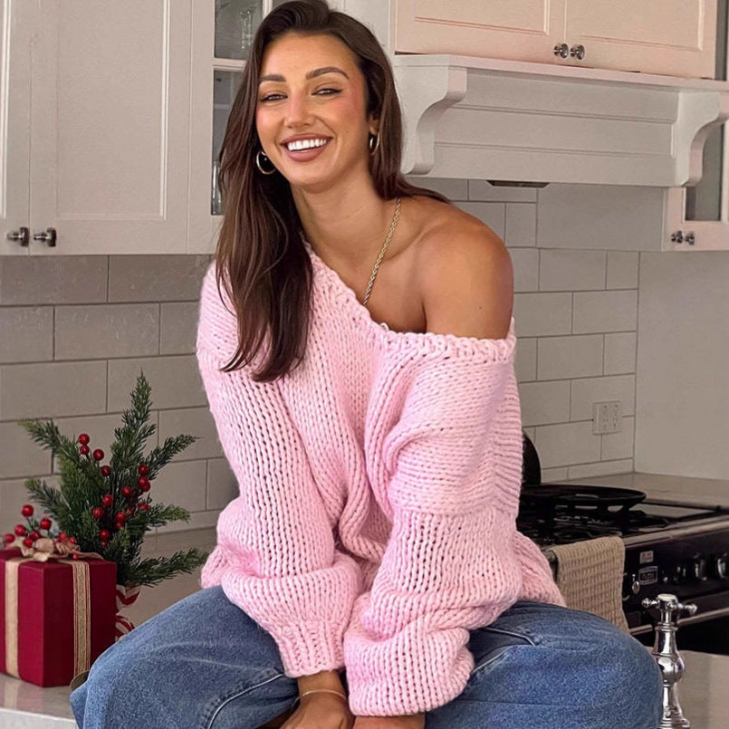 Damen oversized Strickpullover mit offenen Schultern und voluminösen Ärmeln Drune