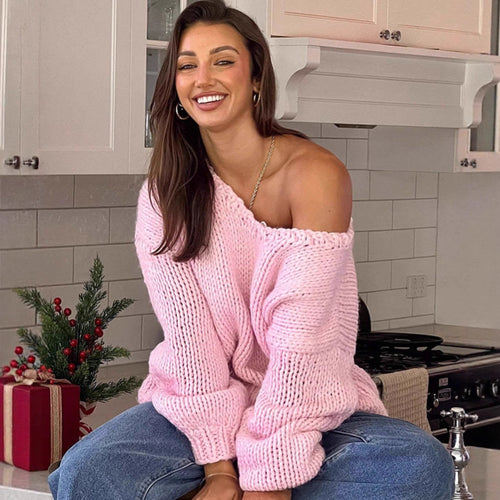 Damen oversized Strickpullover mit offenen Schultern und voluminösen Ärmeln Drune