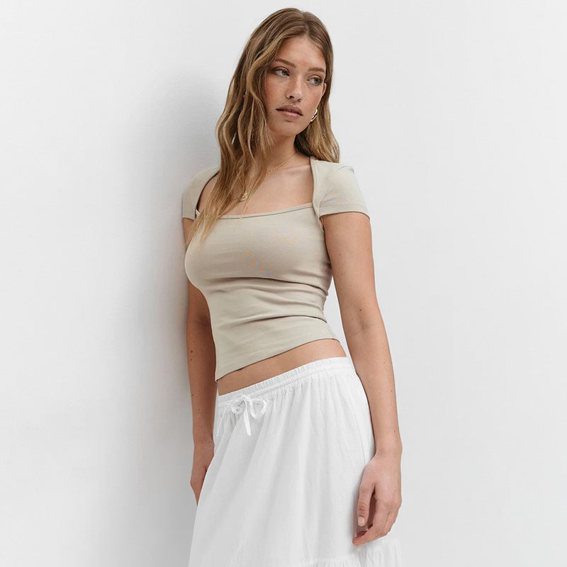 Damen Figurbetontes Kurzarmshirt mit quadratischem Ausschnitt und elastischem Material Drune