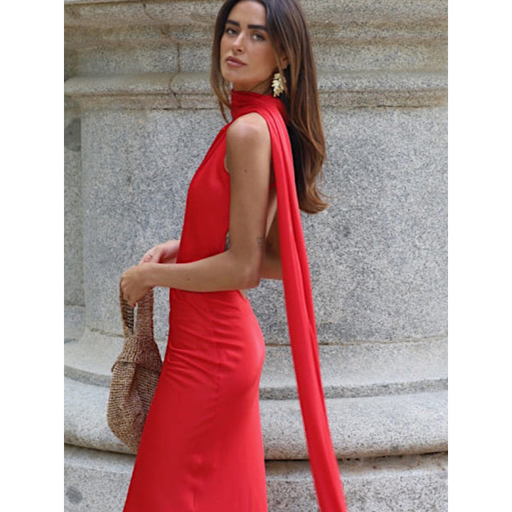 Damen elegantes Maxikleid mit asymmetrischem Oberteil und fließendem Schnitt Drune