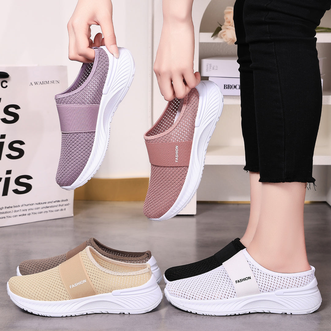 Damen nan atmungsaktive Strick-Slipper mit elastischem Mittelriemen und stoßabsorbierender Wellenlaufsohle Drune