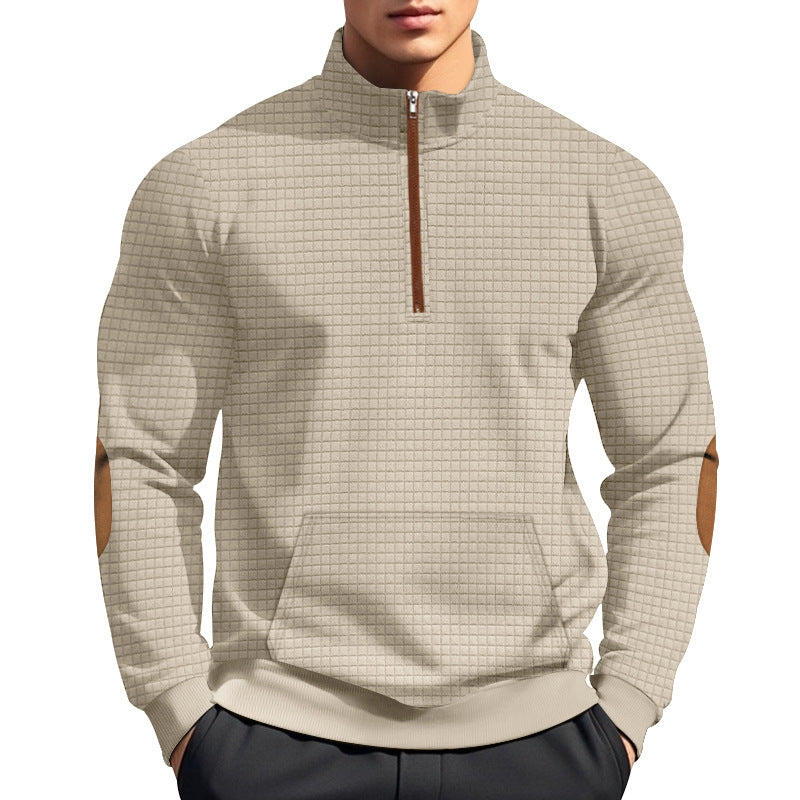 Herren nan gestepptes Halfzip-Sweatshirt mit Stehkragen, Kängurutasche und Kunstleder-Ellenbogenpatches Drune