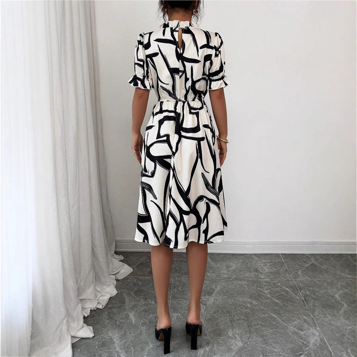 Damen Elegantes Midi-Kleid mit modischem Pflanzenmuster und Gummizug in der Taille Drune