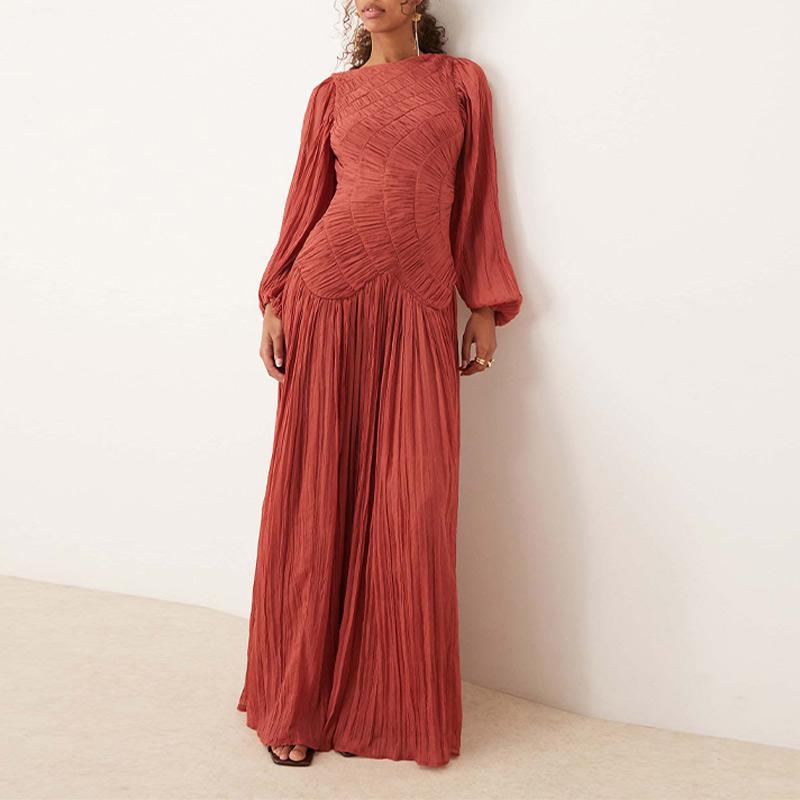 Damen Maxikleid mit raffinierten Falten und eleganten langen Ärmeln Drune