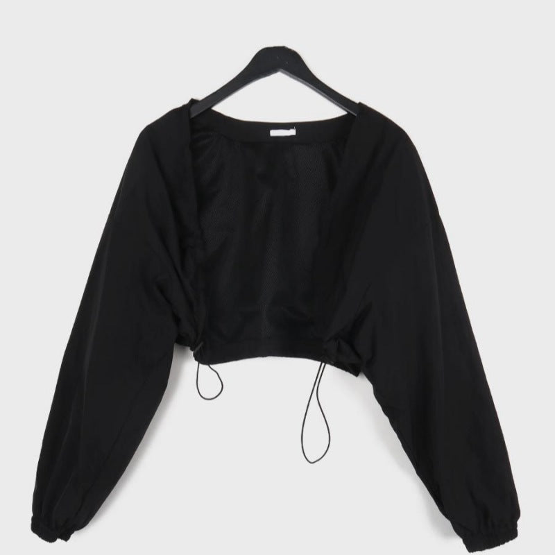 Damen cropped Langarmbluse mit Rüschen Drune