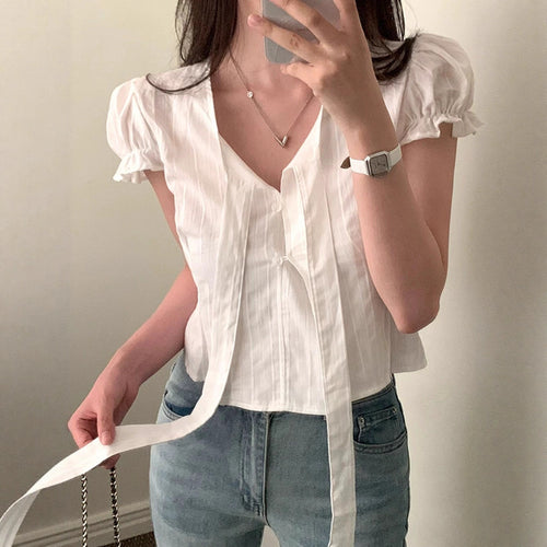 Damen kurzarm bluse mit dekorativen bindebändern Drune
