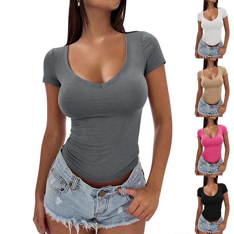 Damen figurbetontes V-Ausschnitt T-Shirt aus hochwertiger Baumwolle Drune