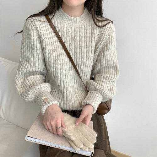Damen Grobstrickpullover mit Rundhalsausschnitt und dekorativen Knöpfen Drune